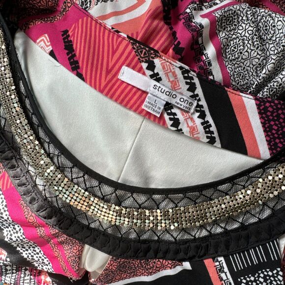 Women’s Liquid Knit Dress Embellished Multicolor Long Sleeveless Geometric Sz L - Picture 15 of 16